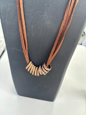 Joan Rivers Brown Suede Wrap Necklace Rhinestone Ring Slide Pendant Vintage